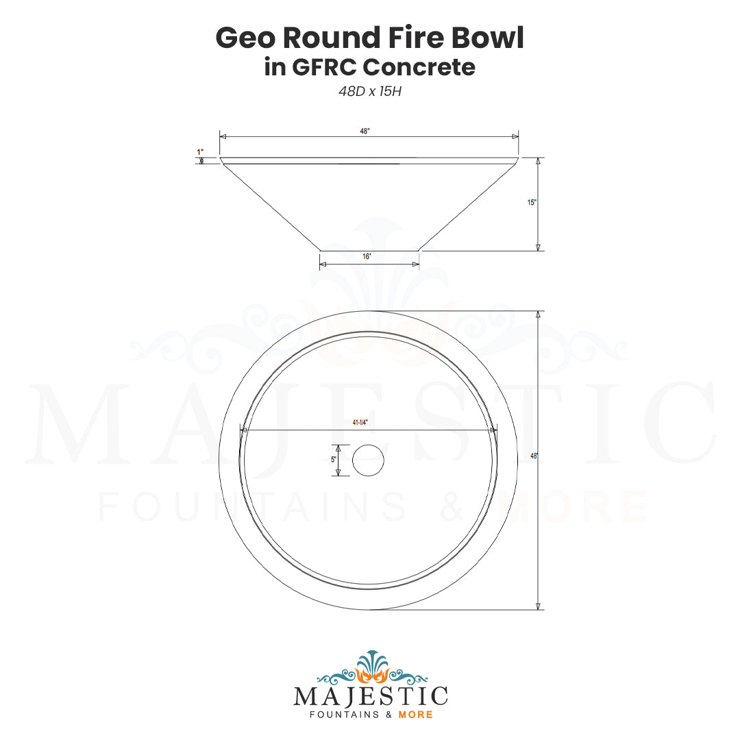 Geo Round Fire Bowl in GFRC Concrete Size  - Majestic Fountains and More