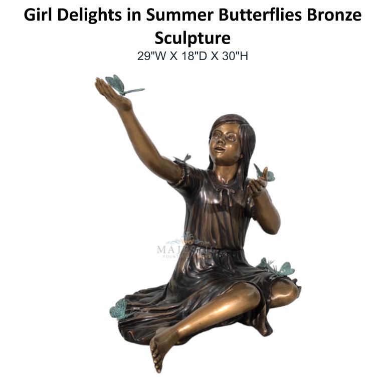 Girl Delights in Summer Butterflies Bronze Sculpture