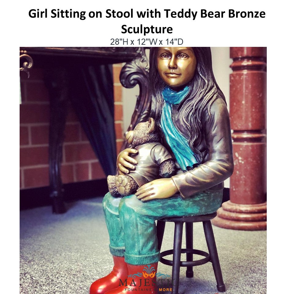 Girl Sitting on Stool with Teddy Bear Bronze  Sculpture