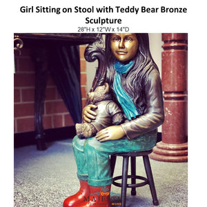 Girl Sitting on Stool with Teddy Bear Bronze  Sculpture - Majestic Fountains & More