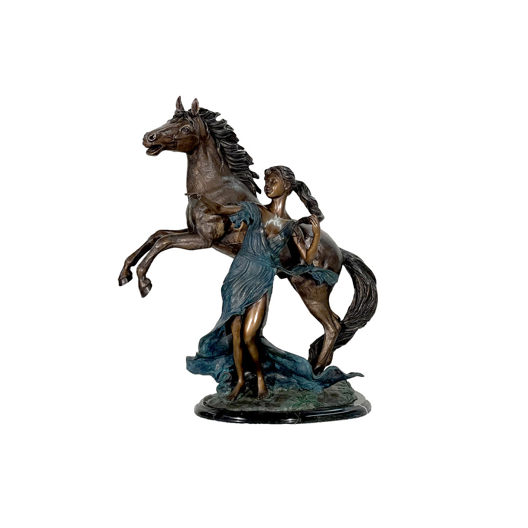 Girl With Her Horse Bronze Table Top Sculpture - Majestic Fountains