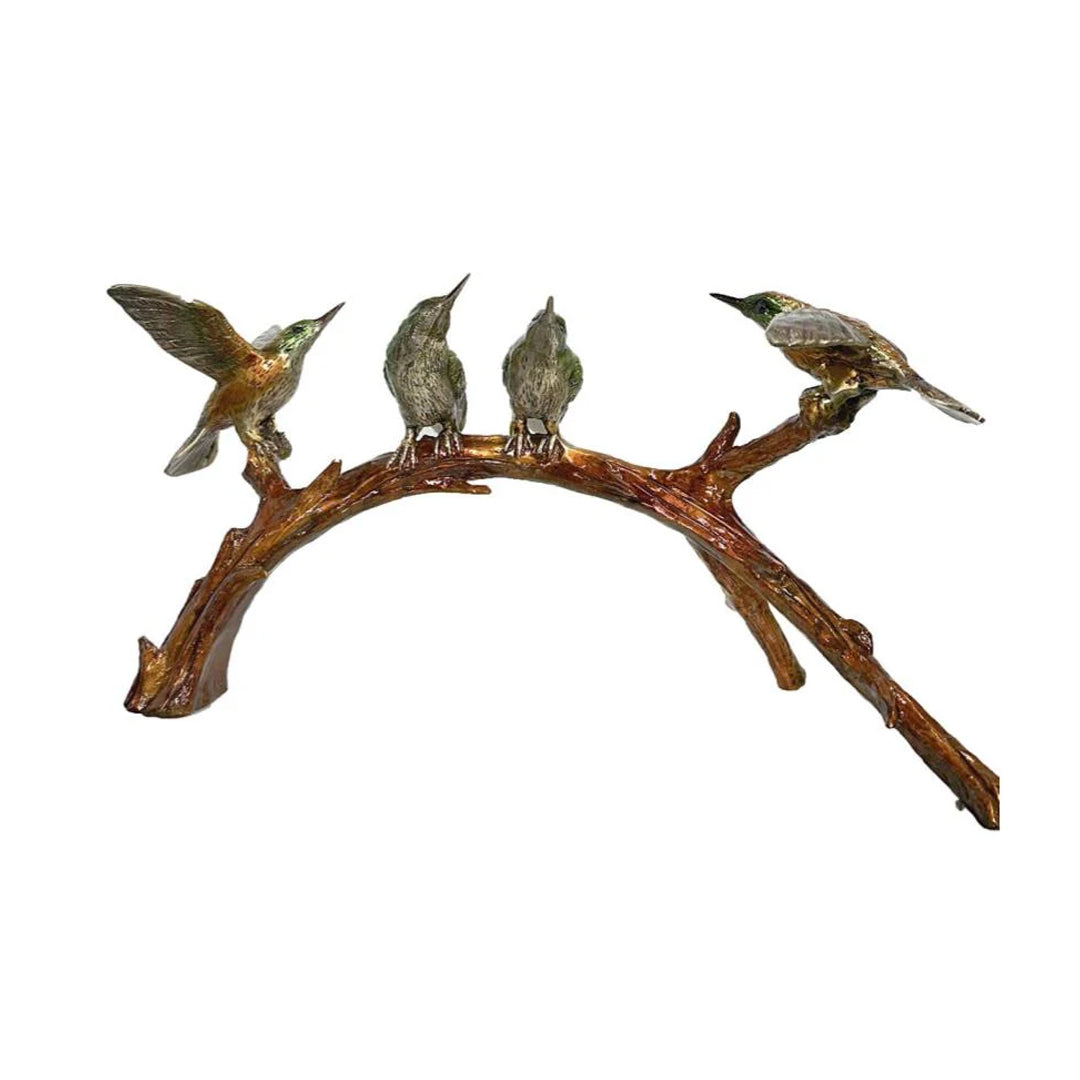 Golden Brown Hummingbirds on Branch Bronze Table Top Sculpture -  Majestic Fountains