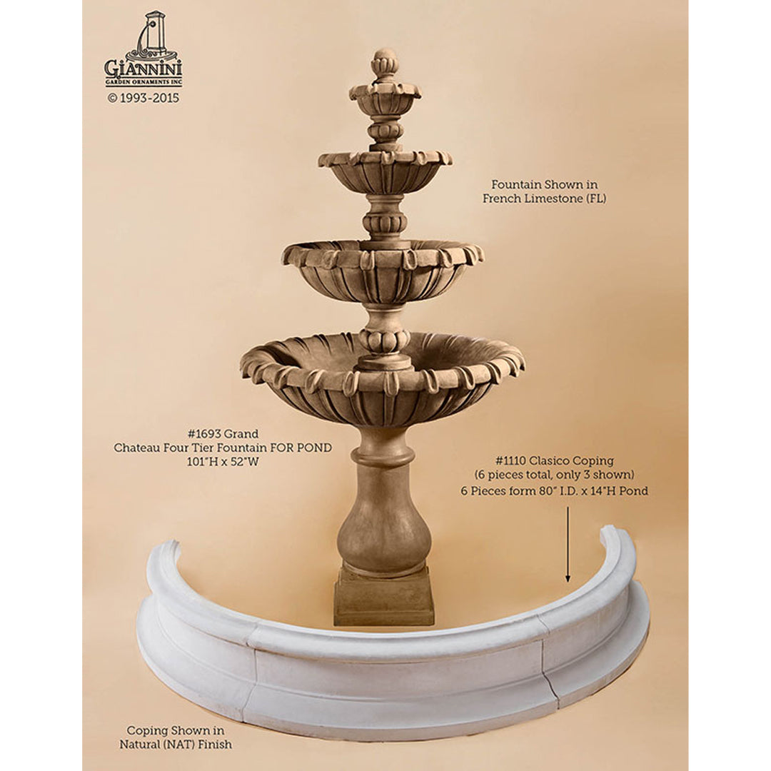Grand Chateau Concrete 4 Tier Courtyard Fountain in French Limestone finish with Natural finish coping in a studio shot