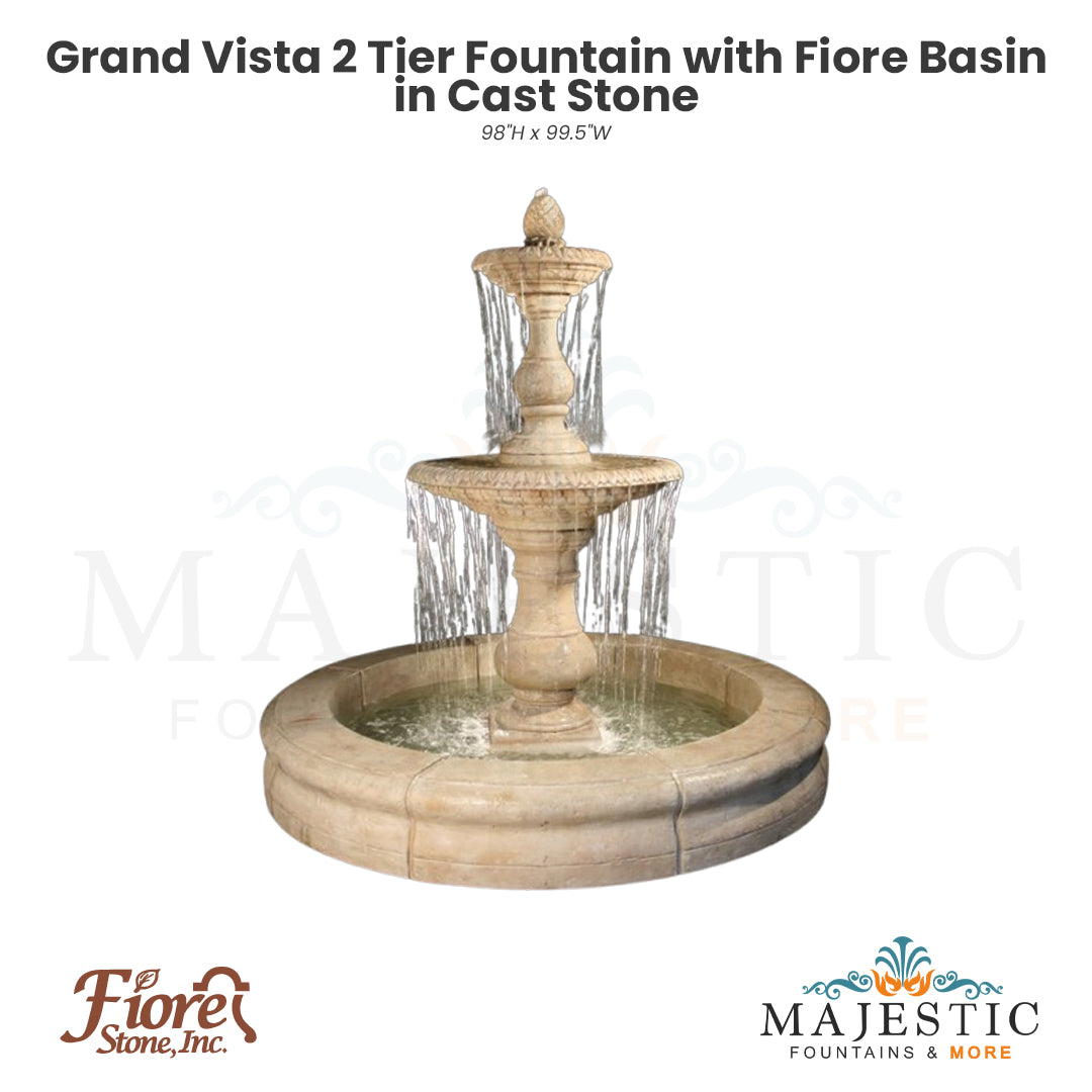 Grand Vista 2 Tier Fountain with Fiore Basin in Cast Stone - Fiore Stone 2094-FRG - Majestic Fountains