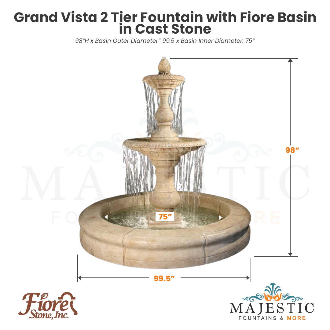 Grand Vista 2 Tier Fountain with Fiore Basin in Cast Stone - Fiore Stone 2094-FRG - Majestic Fountains
