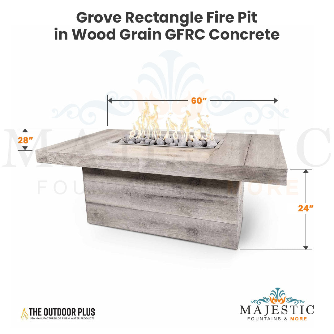 Grove Rectangle Fire Pit in Wood Grain GFRC Concrete - Majestic Fountains