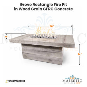 Grove Rectangle Fire Pit in Wood Grain GFRC Concrete Size - Majestic Fountains