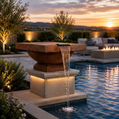 Ibiza Water Bowl in GFRC Concrete by Prism Hardscapes Shown in Cafe - Majestic Fountains and More