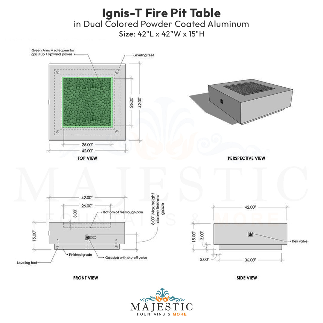 Ignis-T Fire Pit Table in Dual Colored Powder Coated Aluminum - Majestic Fountains