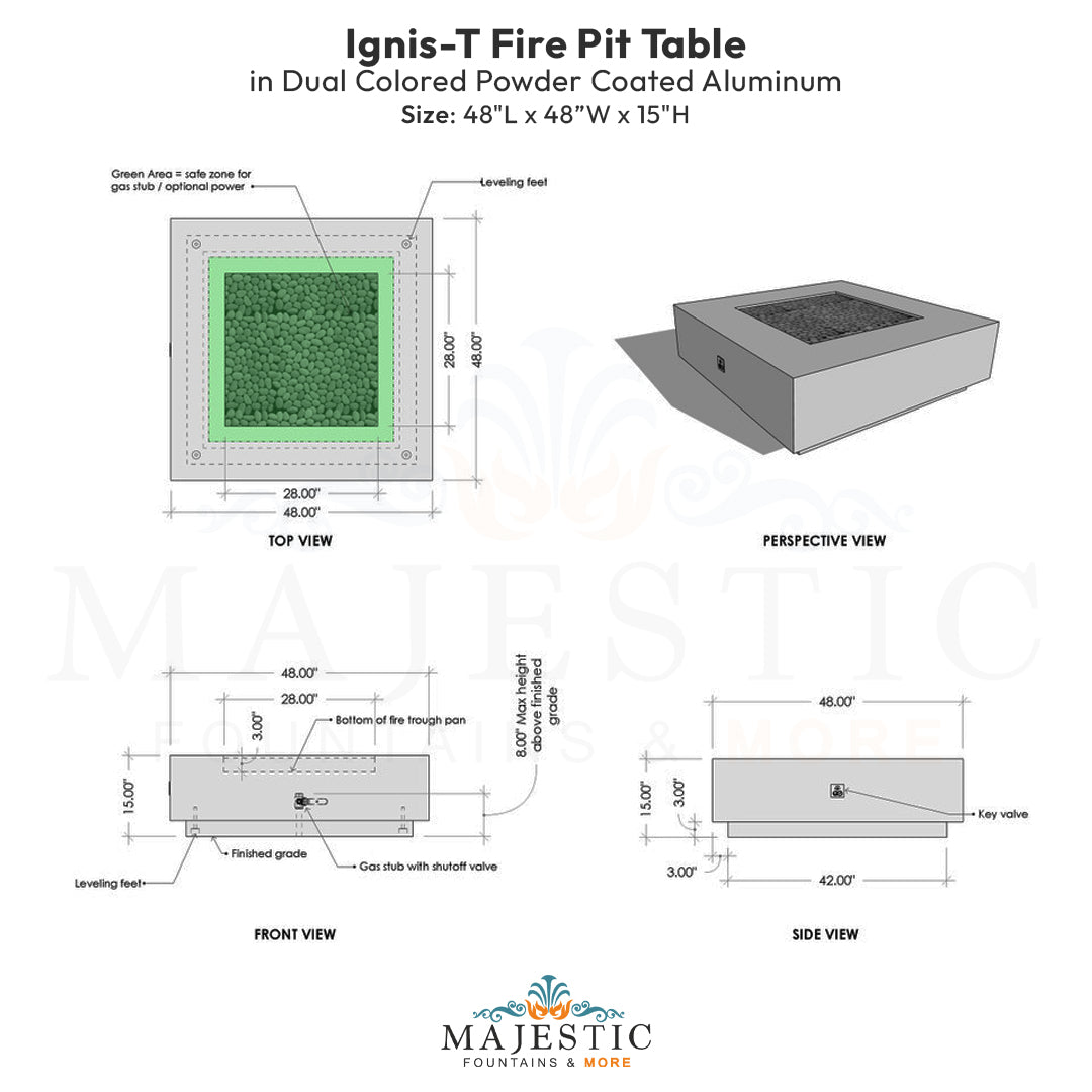 Ignis-T Fire Pit Table in Dual Colored Powder Coated Aluminum - Majestic Fountains