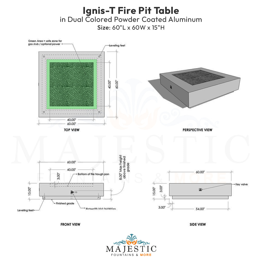 Ignis-T Fire Pit Table in Dual Colored Powder Coated Aluminum - Majestic Fountains