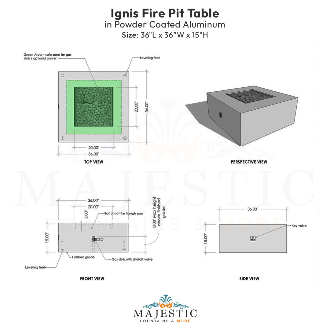 Ignis Fire Pit Table in Powder Coated Aluminum - Majestic Fountains