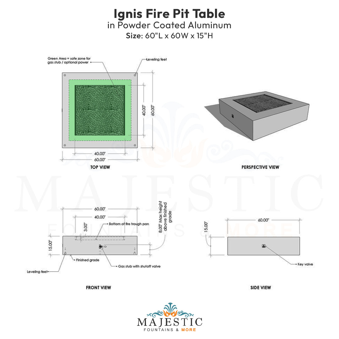 Ignis Fire Pit Table in Powder Coated Aluminum - Majestic Fountains