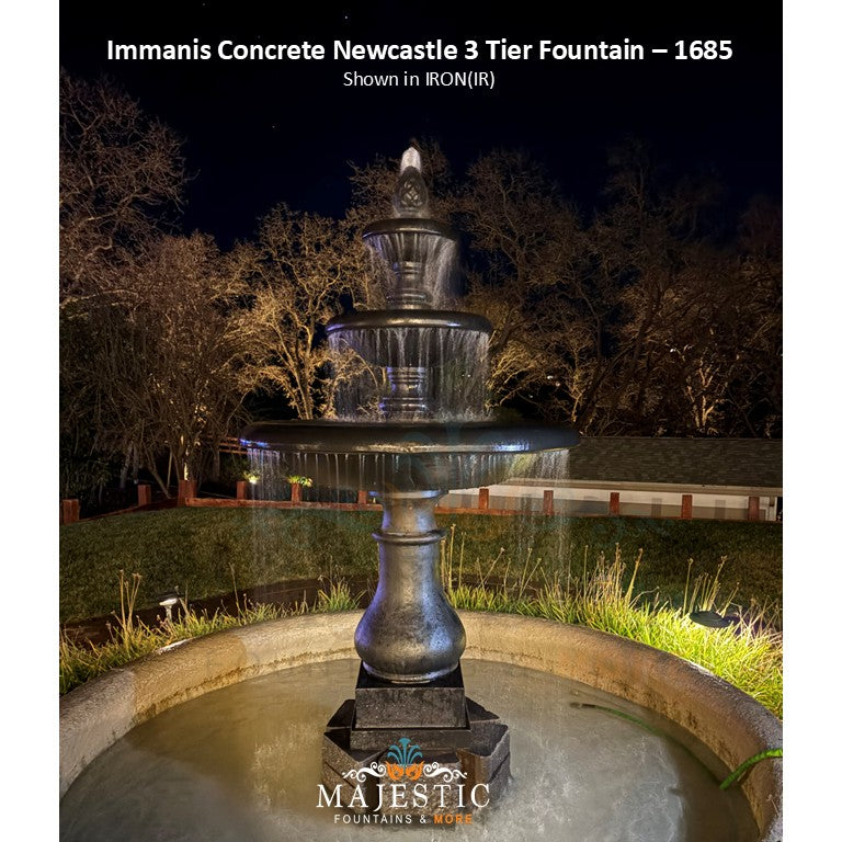 Immanis Concrete Newcastle 3 Tier Outdoor Garden Fountain - 1685 in iron finish with water flowing in a night garden
