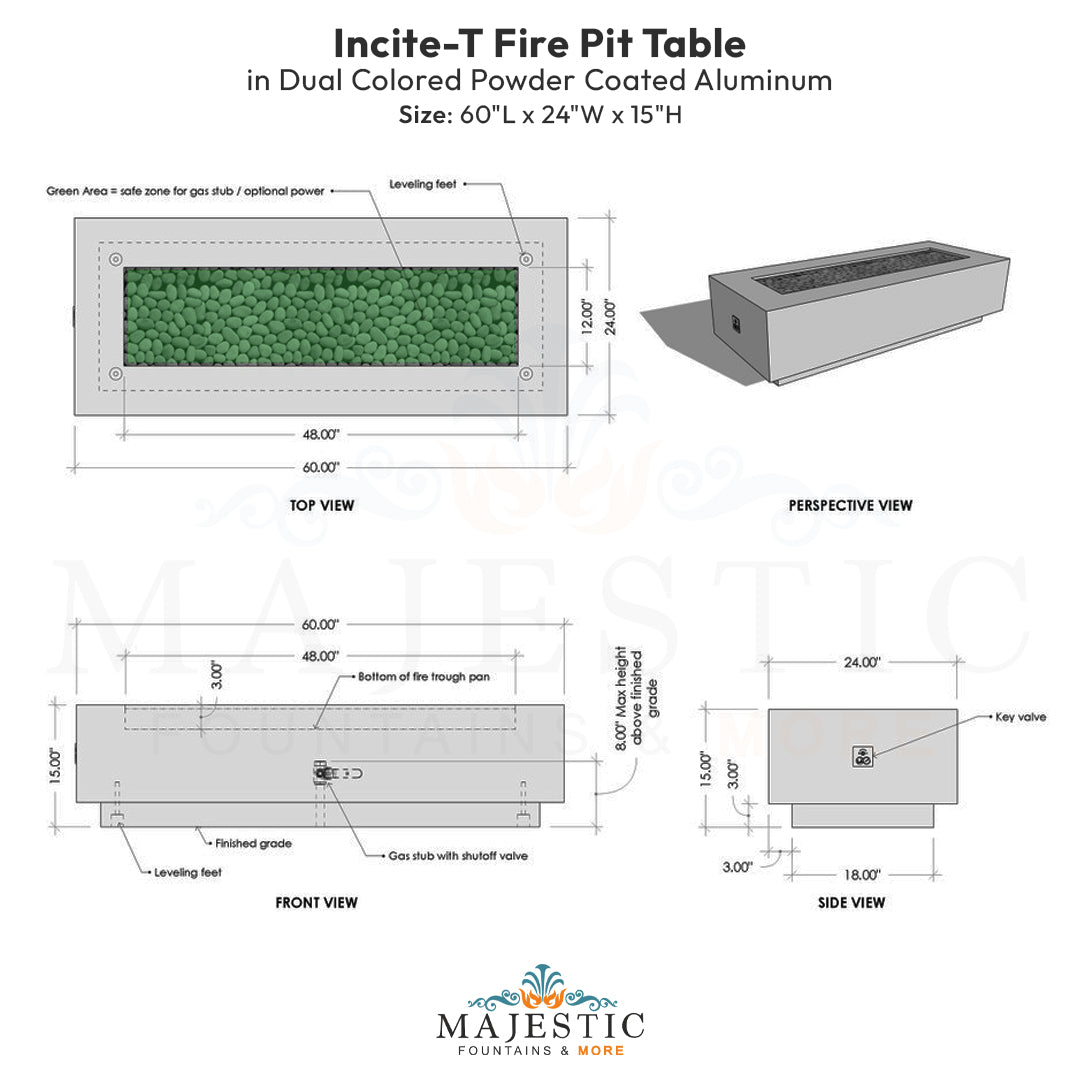 Incite-T Fire Pit Table in Dual Colored Powder Coated Aluminum - Majestic Fountains