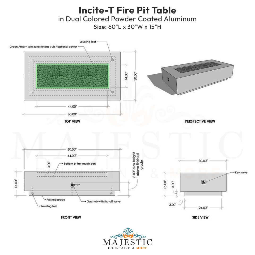 Incite-T Fire Pit Table in Dual Colored Powder Coated Aluminum - Majestic Fountains