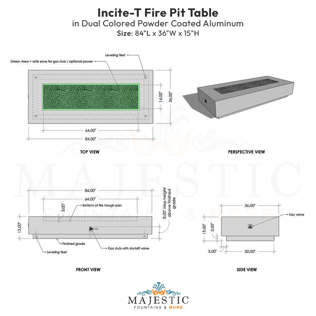 Incite-T Fire Pit Table in Dual Colored Powder Coated Aluminum - Majestic Fountains