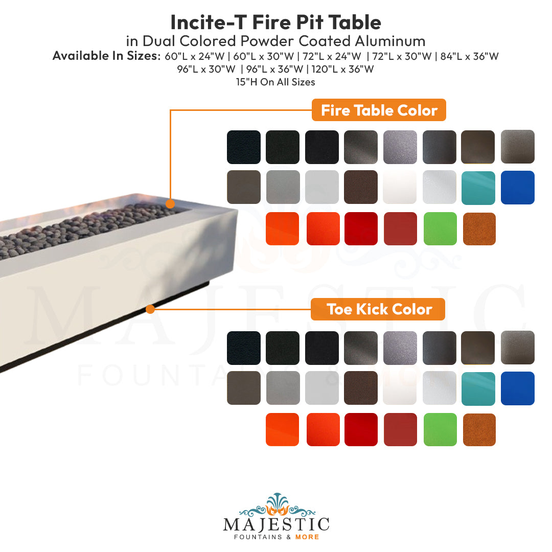 Incite-T Fire Pit Table in Dual Colored Powder Coated Aluminum - Majestic Fountains