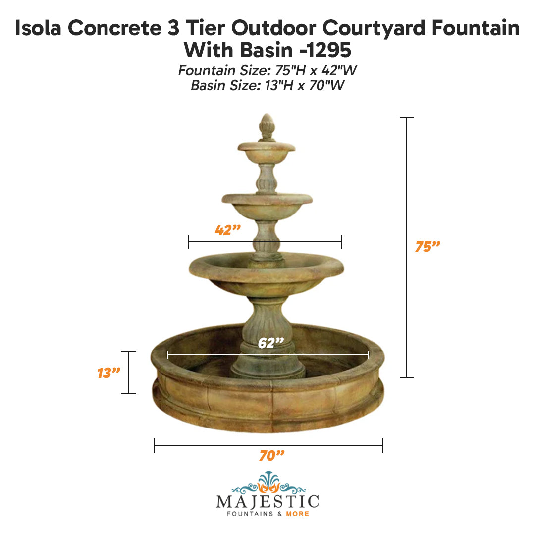 Isola Concrete 3 Tier Outdoor Courtyard Fountain With Basin -1295   - Majestic Fountains
