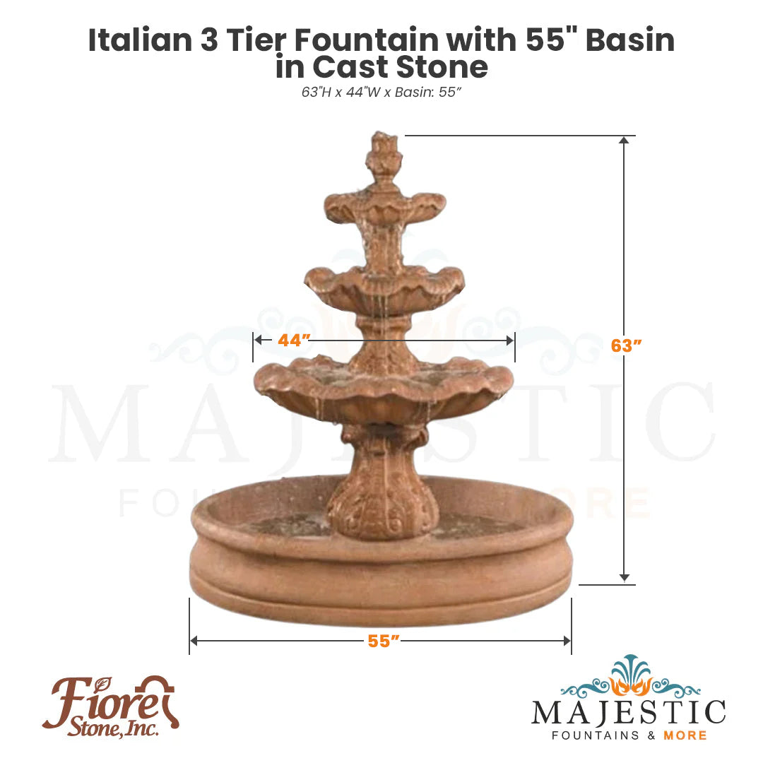 Italian 3 Tier Fountain with 55" Basin in Cast Stone by Fiore Stone IT-B3