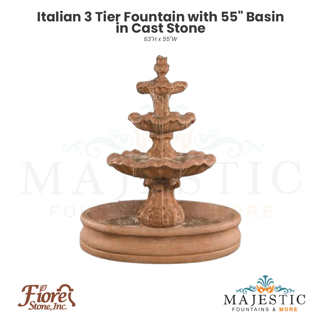 Italian 3 Tier Fountain with 55 Basin in Cast Stone by Fiore Stone IT-B3 - Majestic Fountains