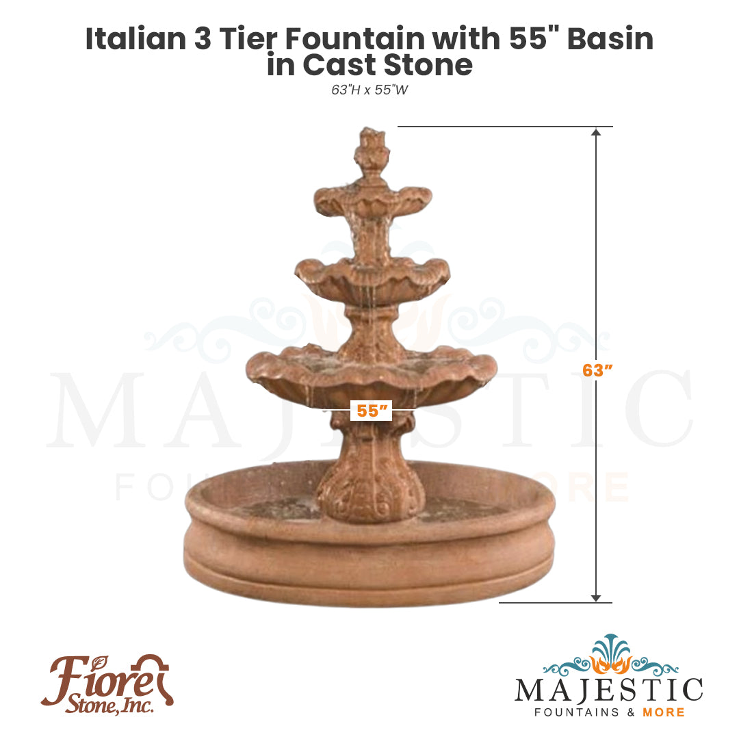 Italian 3 Tier Fountain with 55 Basin in Cast Stone by Fiore Stone IT-B3 - Majestic Fountains