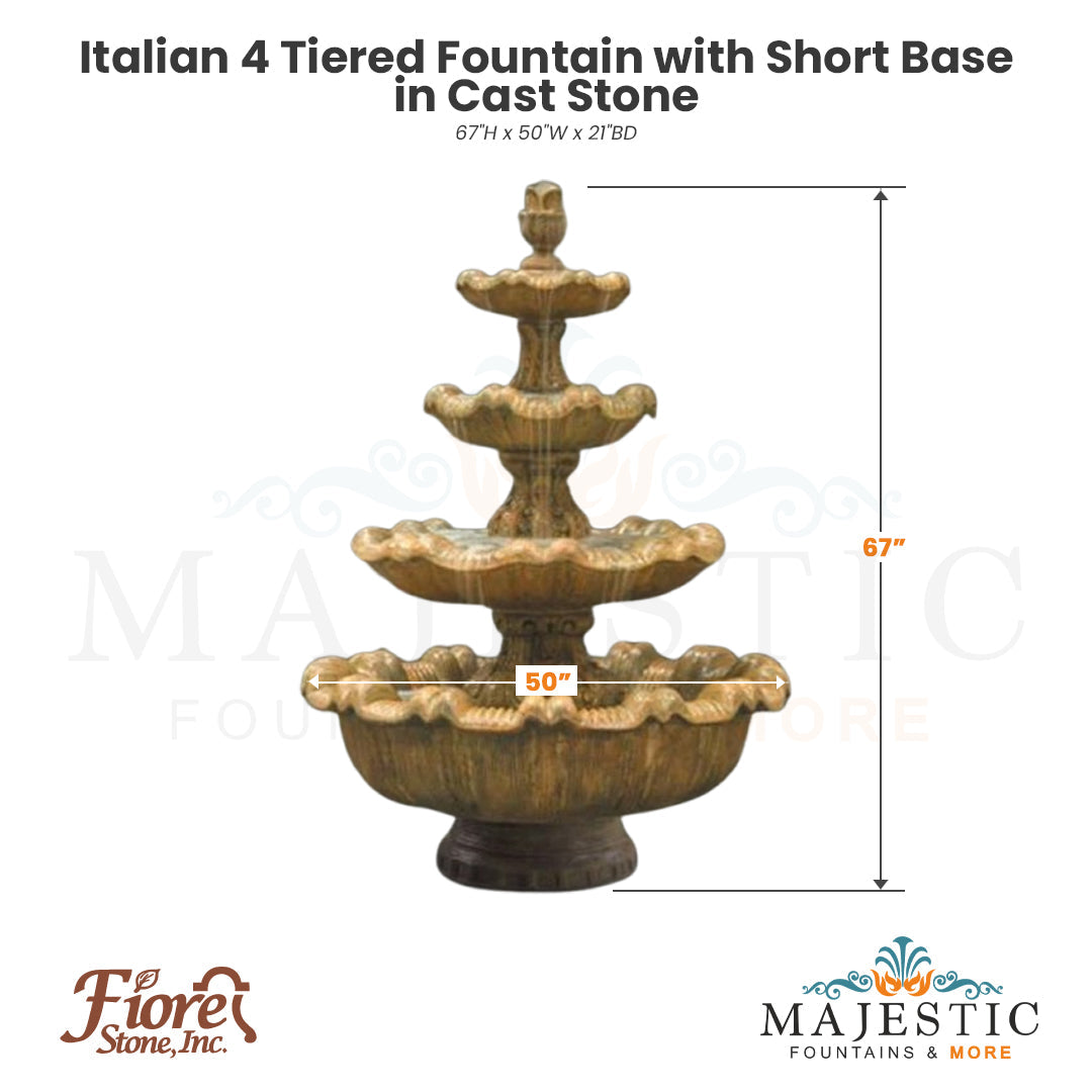 Italian 4 Tiered Fountain with Short Base in Cast Stone - Fiore Stone IT-4 - Majestic Fountains
