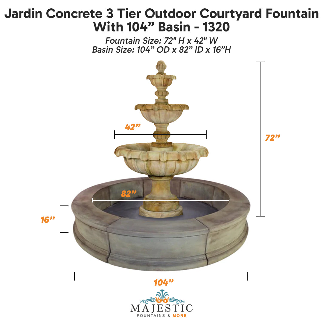 Jardin Concrete 3 Tier Outdoor Courtyard Fountain With 104” Basin - 1320 - Majestic Fountains