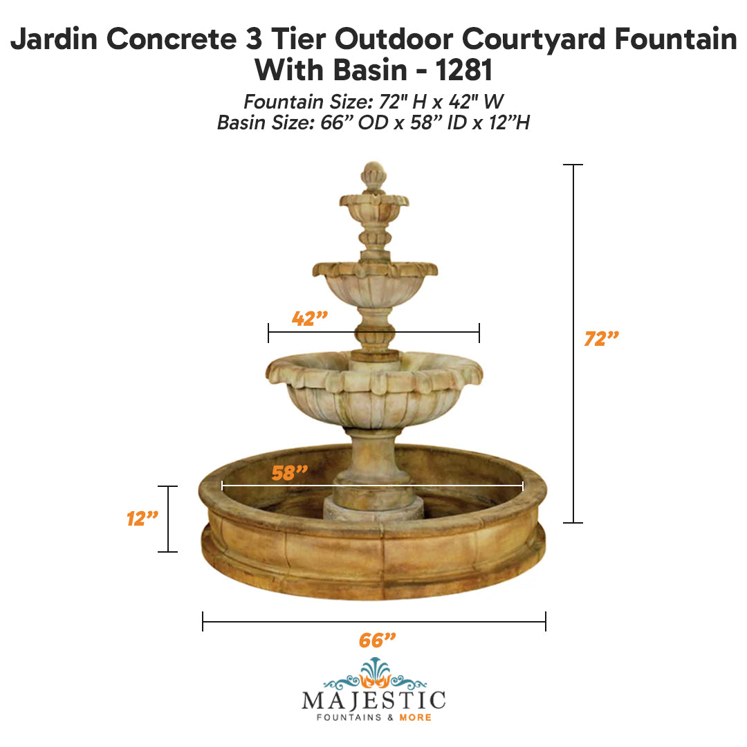 Jardin Concrete 3 Tier Outdoor Courtyard Fountain With Basin - 1281 - Majestic Fountains