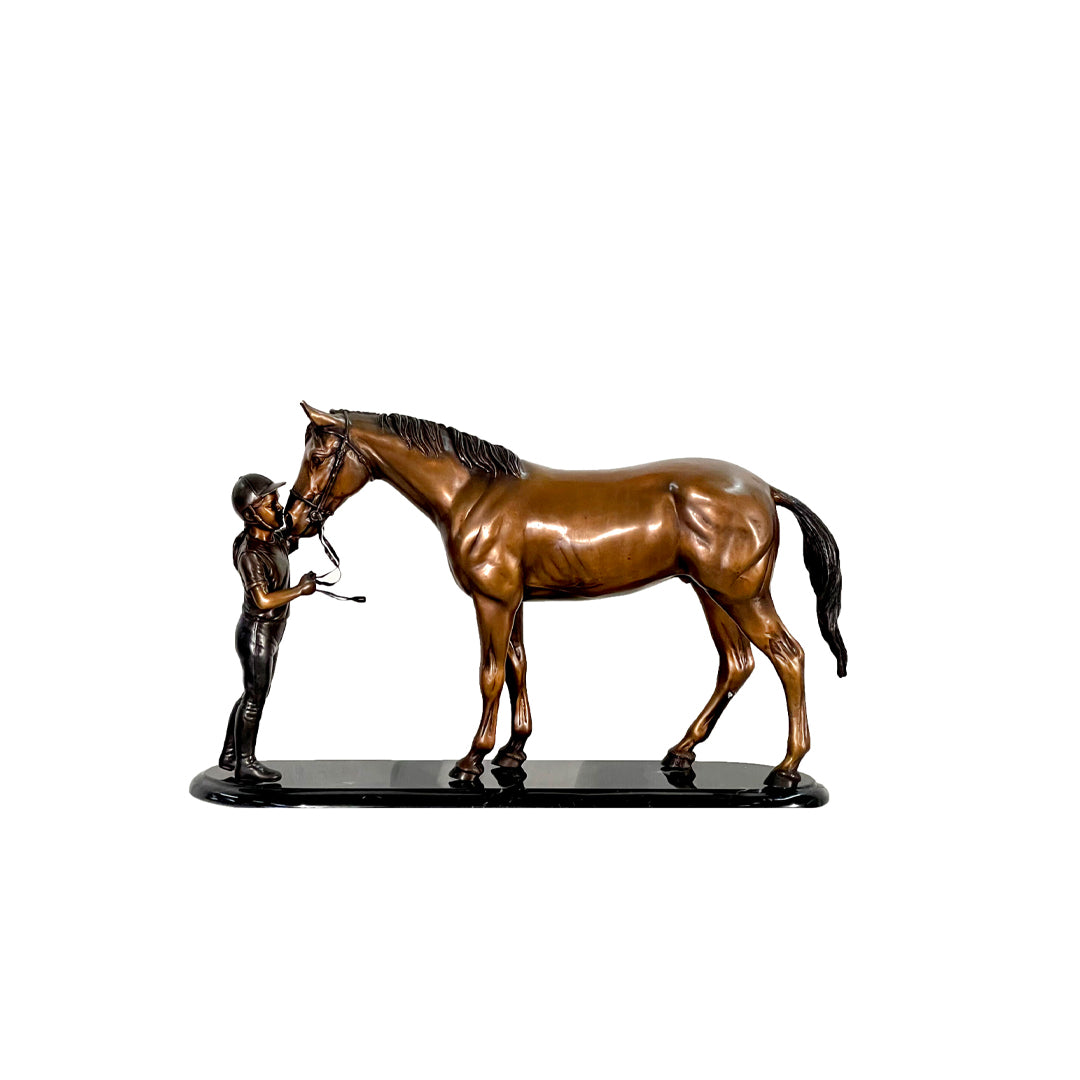 Jockey Patting Horse Bronze Table Top Sculpture - Majestic Fountains
