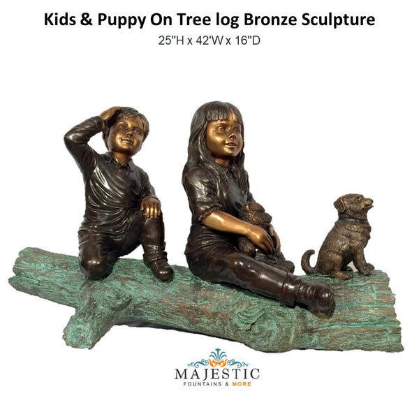 Kids & Puppy On Tree log Bronze Sculpture — Majestic Fountains and