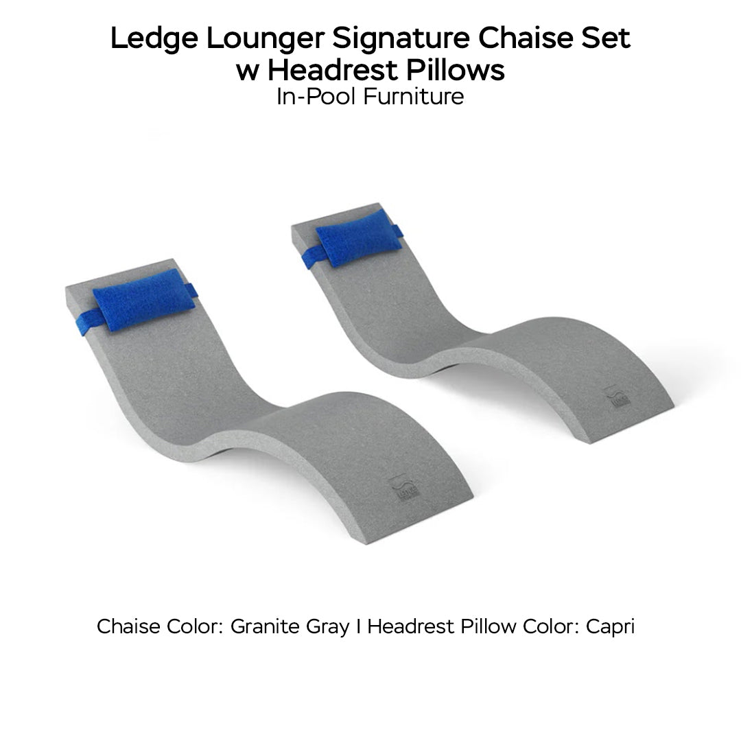 Ledge Lounger Signature Chaise Set w Headrest Pillows - Color Granite Gray - Pillow Capri - In-Pool Furniture - Majestic Fountains