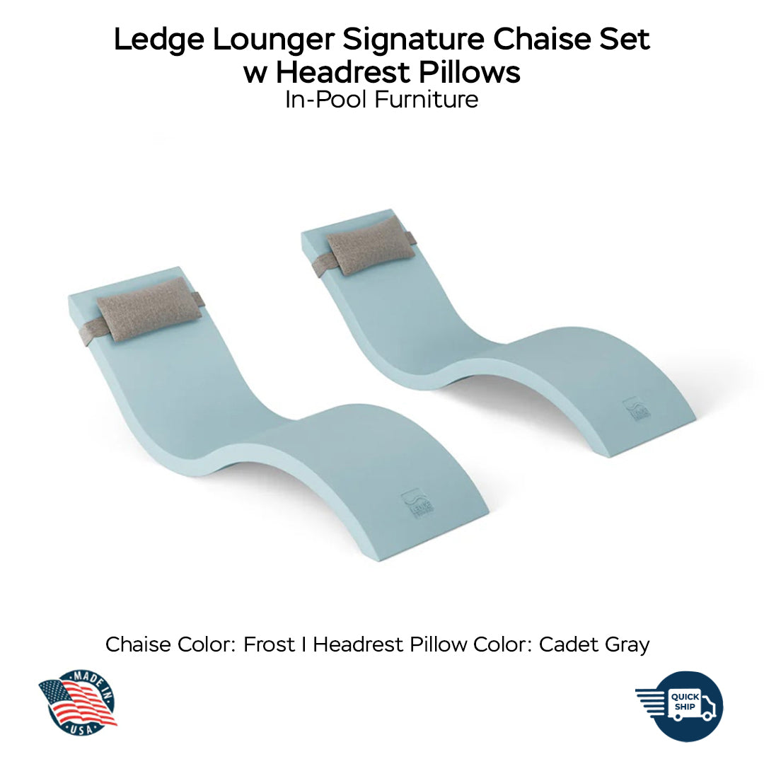 QUICKSHIP Ledge Lounger Signature Chaise Set w Headrest Pillows - Color Frost - Pillow Cadet Gray - In-Pool Furniture - Majestic Fountains