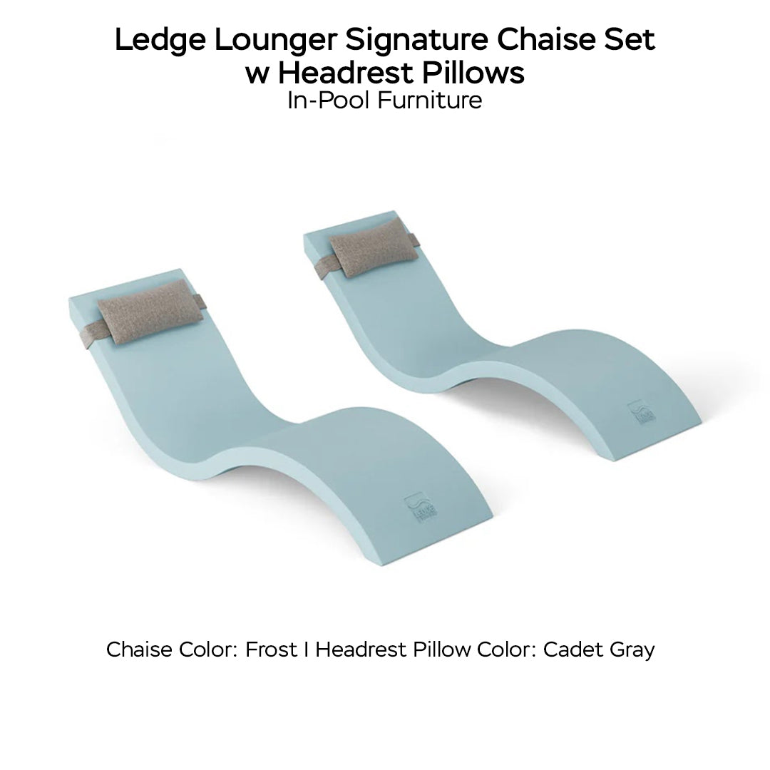 Ledge Lounger Signature Chaise Set w Headrest Pillows - Color Frost  - Pillow Cadet Gray - In-Pool Furniture - Majestic Fountains