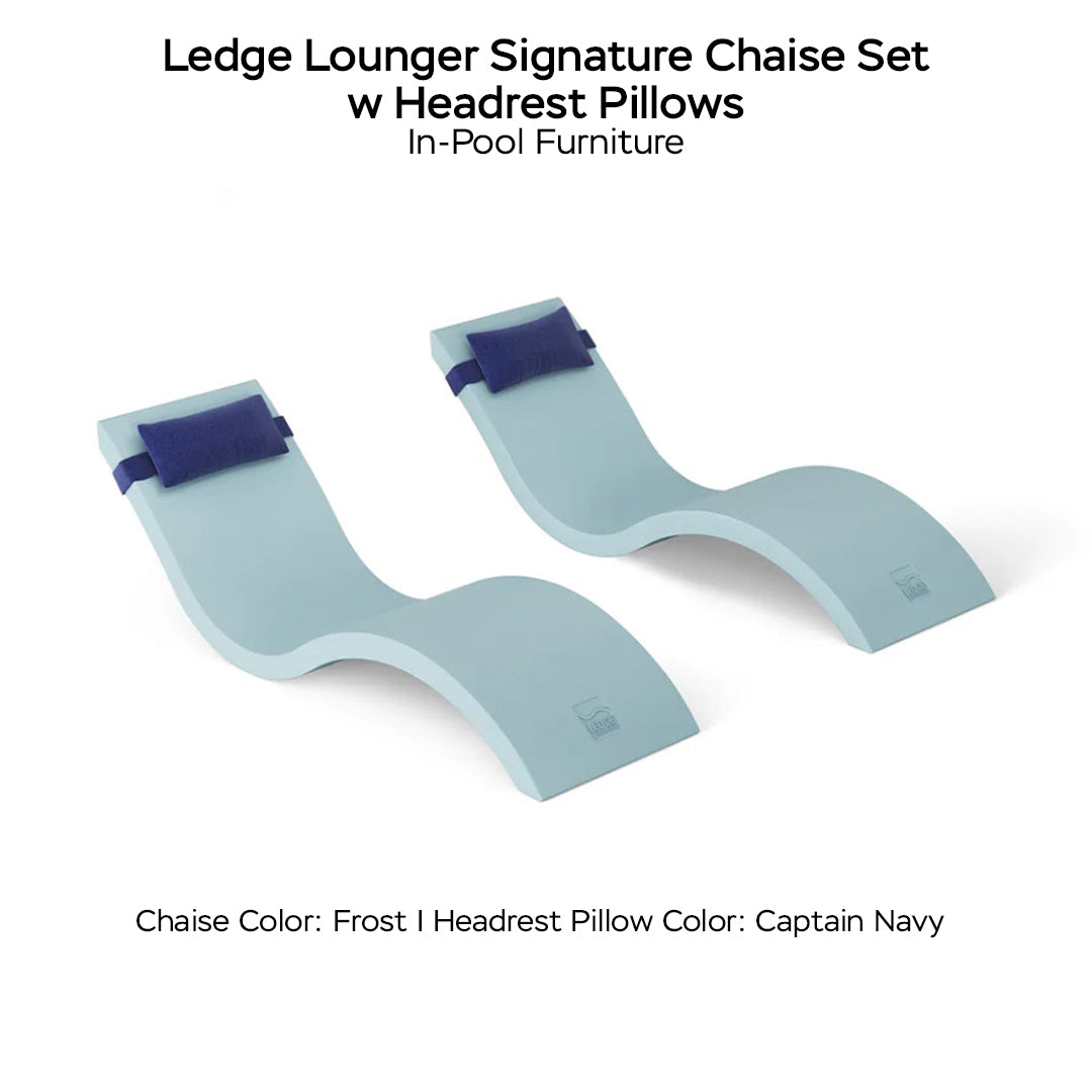 Ledge Lounger Signature Chaise Set w Headrest Pillows - Color Frost  - Pillow Captain Navy - In-Pool Furniture - Majestic Fountains