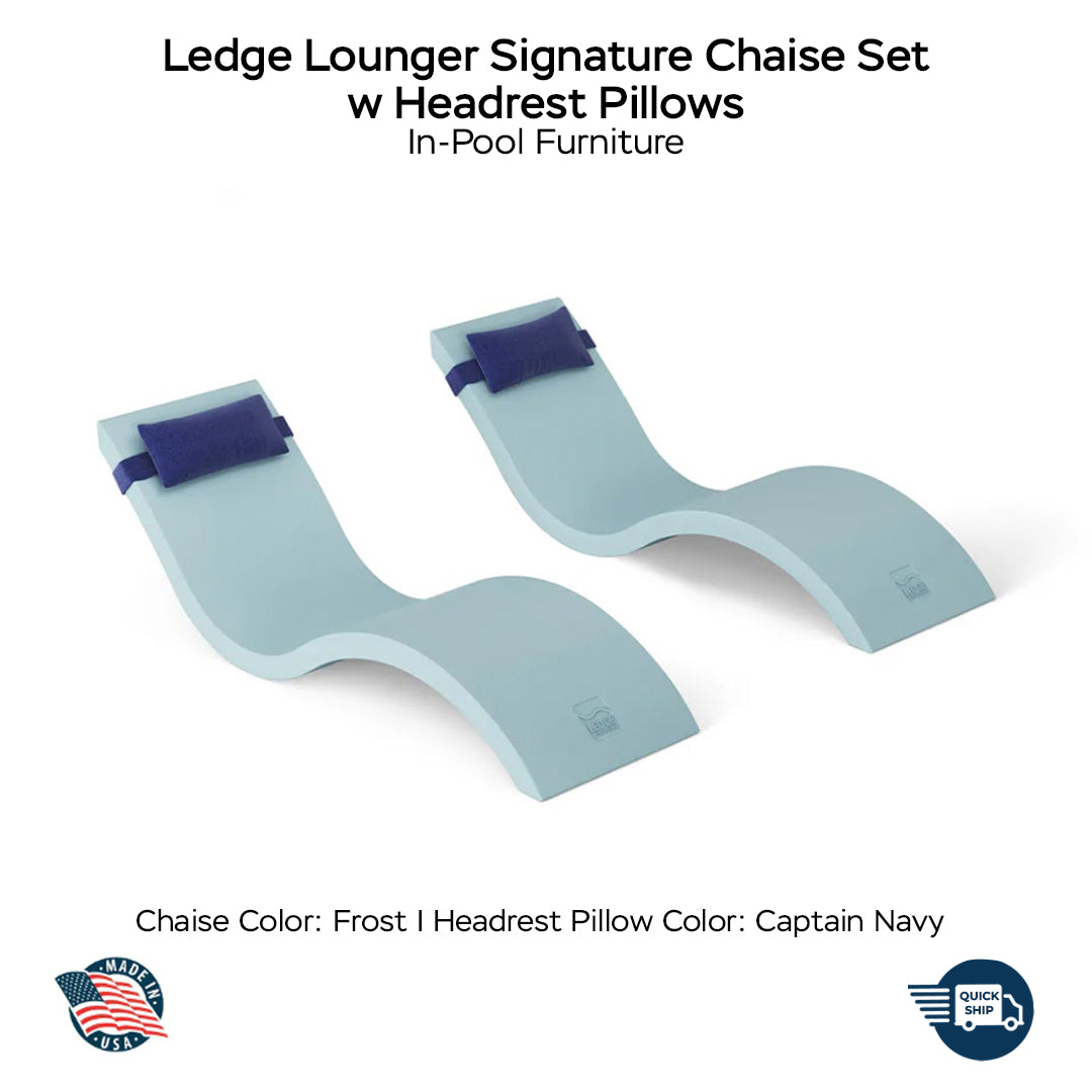 QUICKSHIP Ledge Lounger Signature Chaise Set w Headrest Pillows - Color Frost - Pillow Captain Navy - In-Pool Furniture - Majestic Fountains