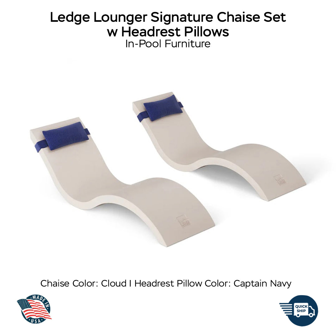 QUICKSHIP Ledge Lounger Signature Chaise Set w Headrest Pillows - Color Cloud - Pillow Captain Navy - In-Pool Furniture - Majestic Fountains