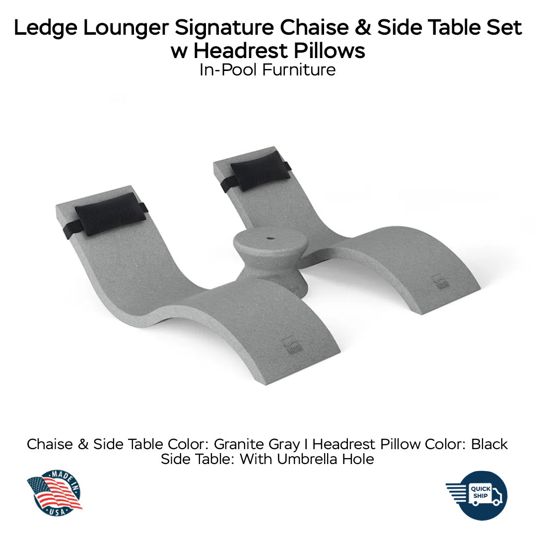 QUICKSHIP Ledge Lounger Signature Chaise & Side Table Set w Headrest Pillows Color Granite Gray -  Side Table With Umbrella Hole - Headrest Pillow Color Black - In-Pool Furniture - Majestic Fountains