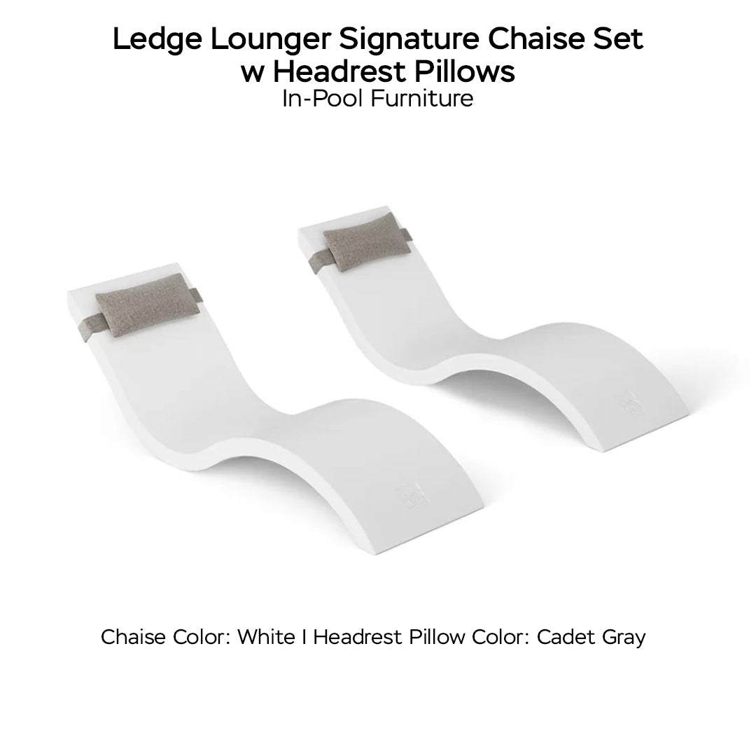 Ledge Lounger Signature Chaise Set w Headrest Pillows - Color White- Pillow Cadet Gray - In-Pool Furniture - Majestic Fountains