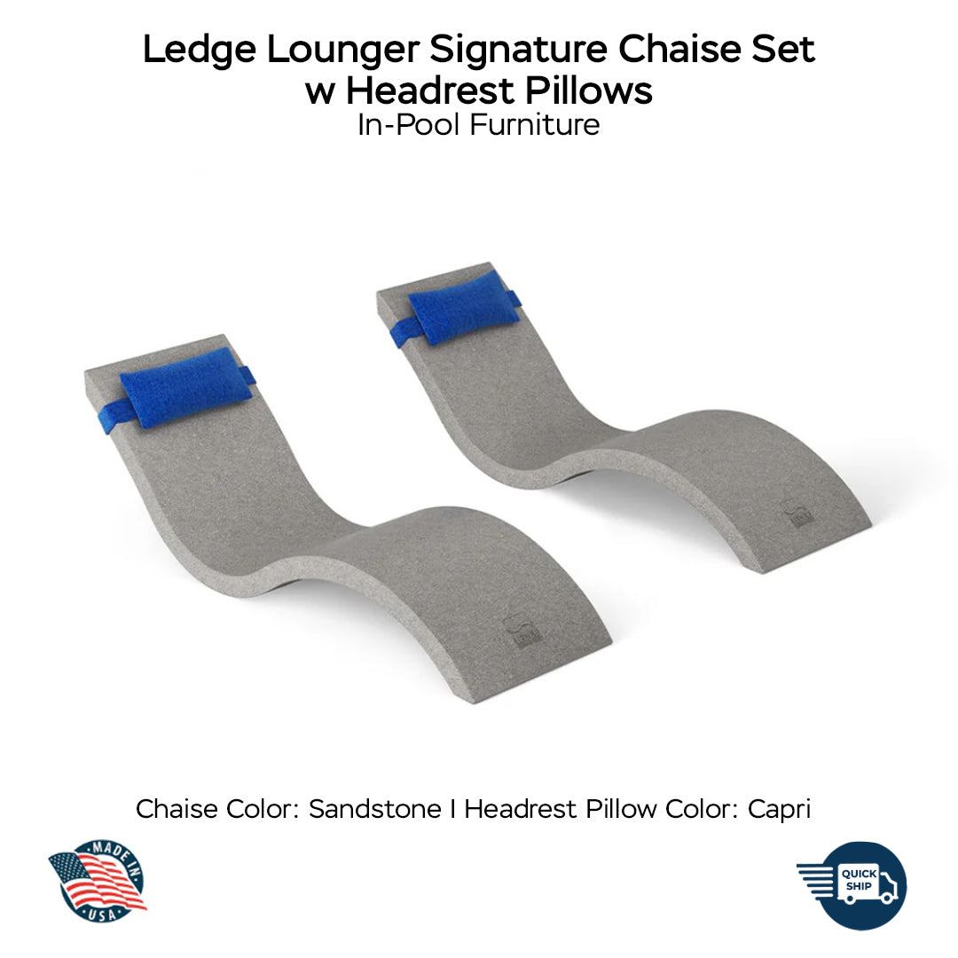 QUICKSHIP Ledge Lounger Signature Chaise Set w Headrest Pillows - Color Sandstone - Pillow Capri - In-Pool Furniture - Majestic Fountains