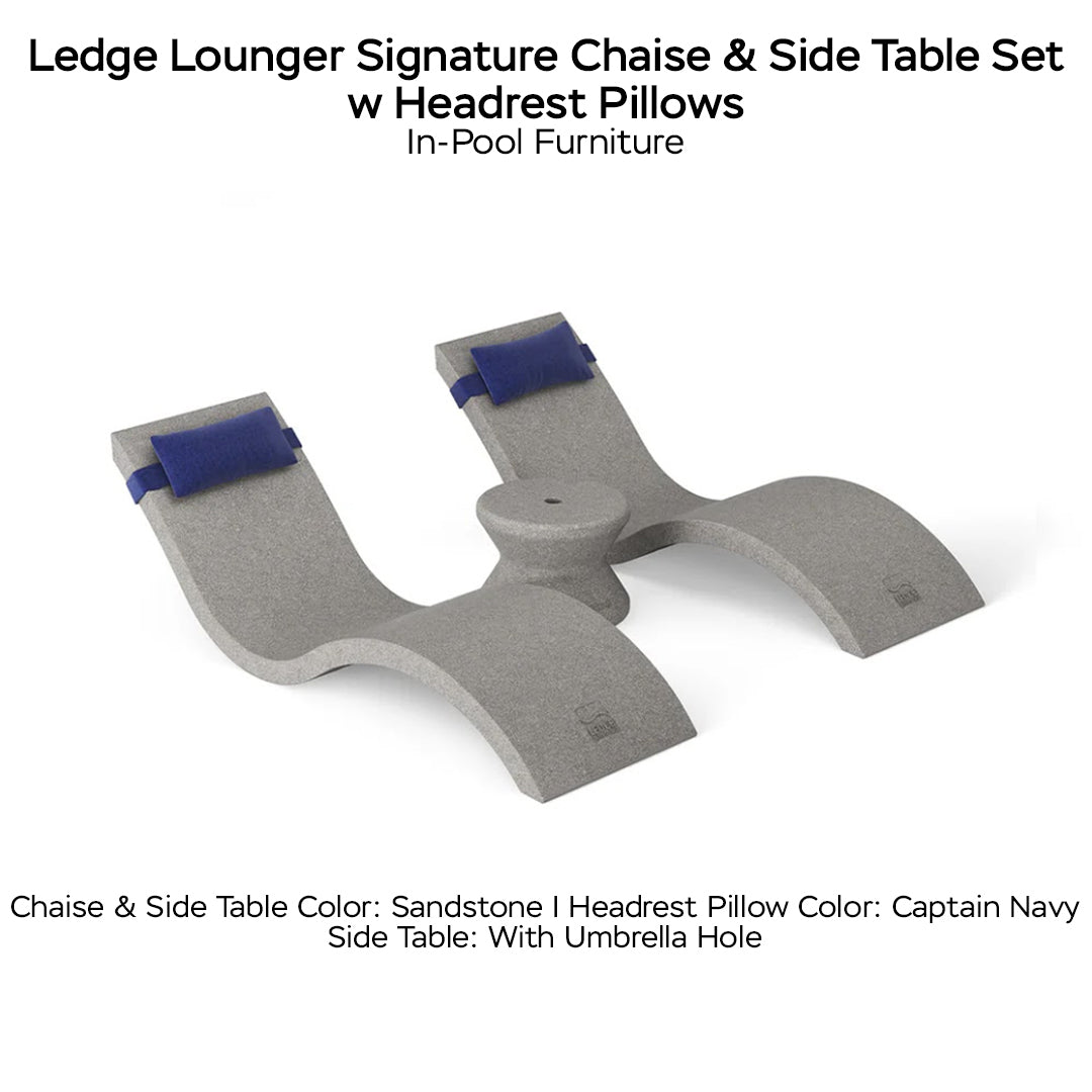 Ledge Lounger Signature Chaise & Side Table Set w Headrest Pillows Color Sandstone  -  Side Table With Umbrella Hole - Headrest Pillow Color Captain navy - In-Pool Furniture - Majestic 