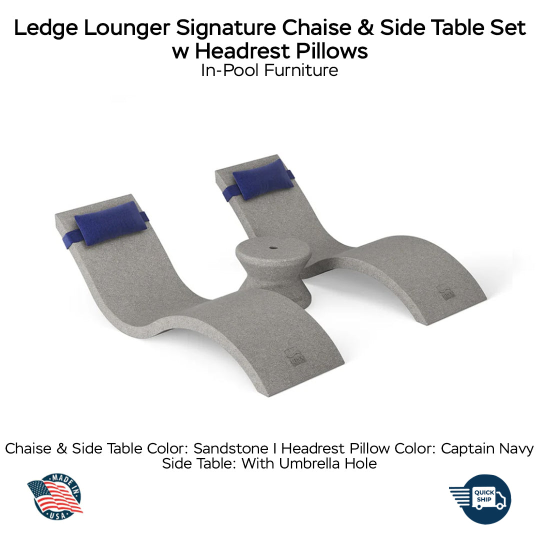 QUICKSHIP Ledge Lounger Signature Chaise & Side Table Set w Headrest Pillows Color Sandstone  -  Side Table With Umbrella Hole - Headrest Pillow Color Captain Navy - In-Pool Furniture - Majestic Fountains