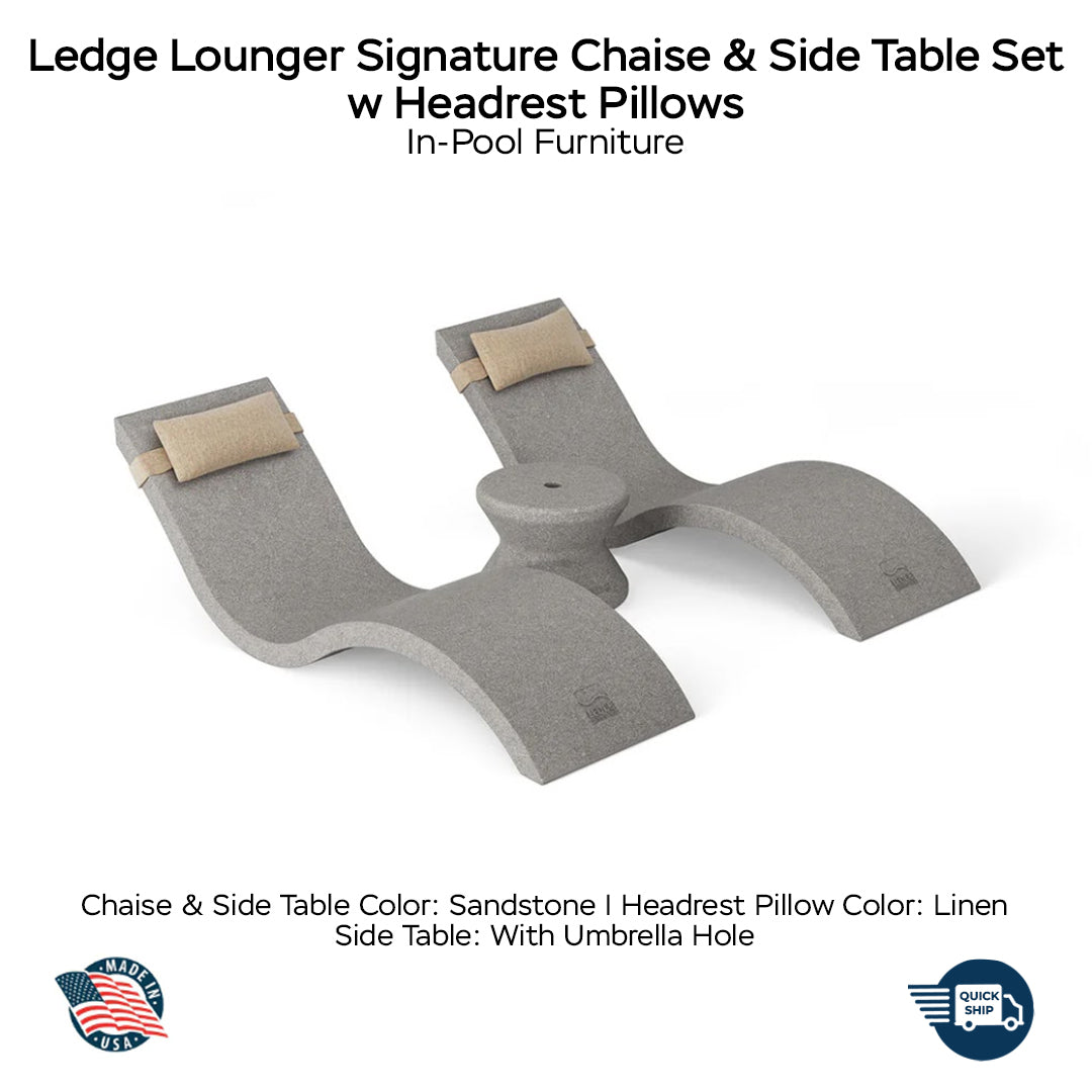 QUICKSHIP Ledge Lounger Signature Chaise & Side Table Set w Headrest Pillows Color Sandstone  -  Side Table With Umbrella Hole - Headrest Pillow Color Linen - In-Pool Furniture - Majestic Fountains