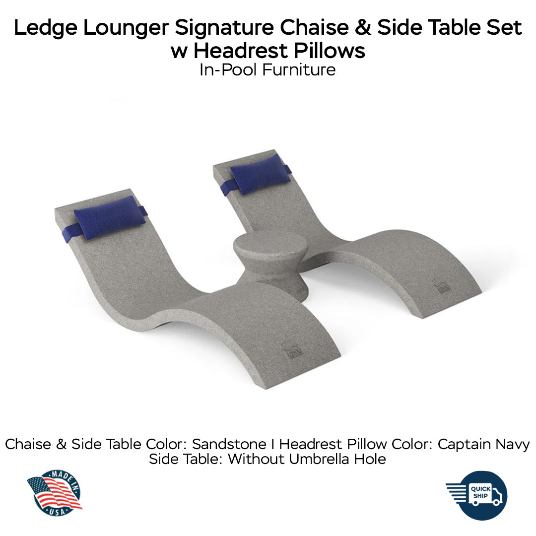 QUICKSHIP Ledge Lounger Signature Chaise & Side Table Set w Headrest Pillows Color Sandstone  -  Side Table Without Umbrella Hole - Headrest Pillow Color Captain Navy - In-Pool Furniture - Majestic Fountains