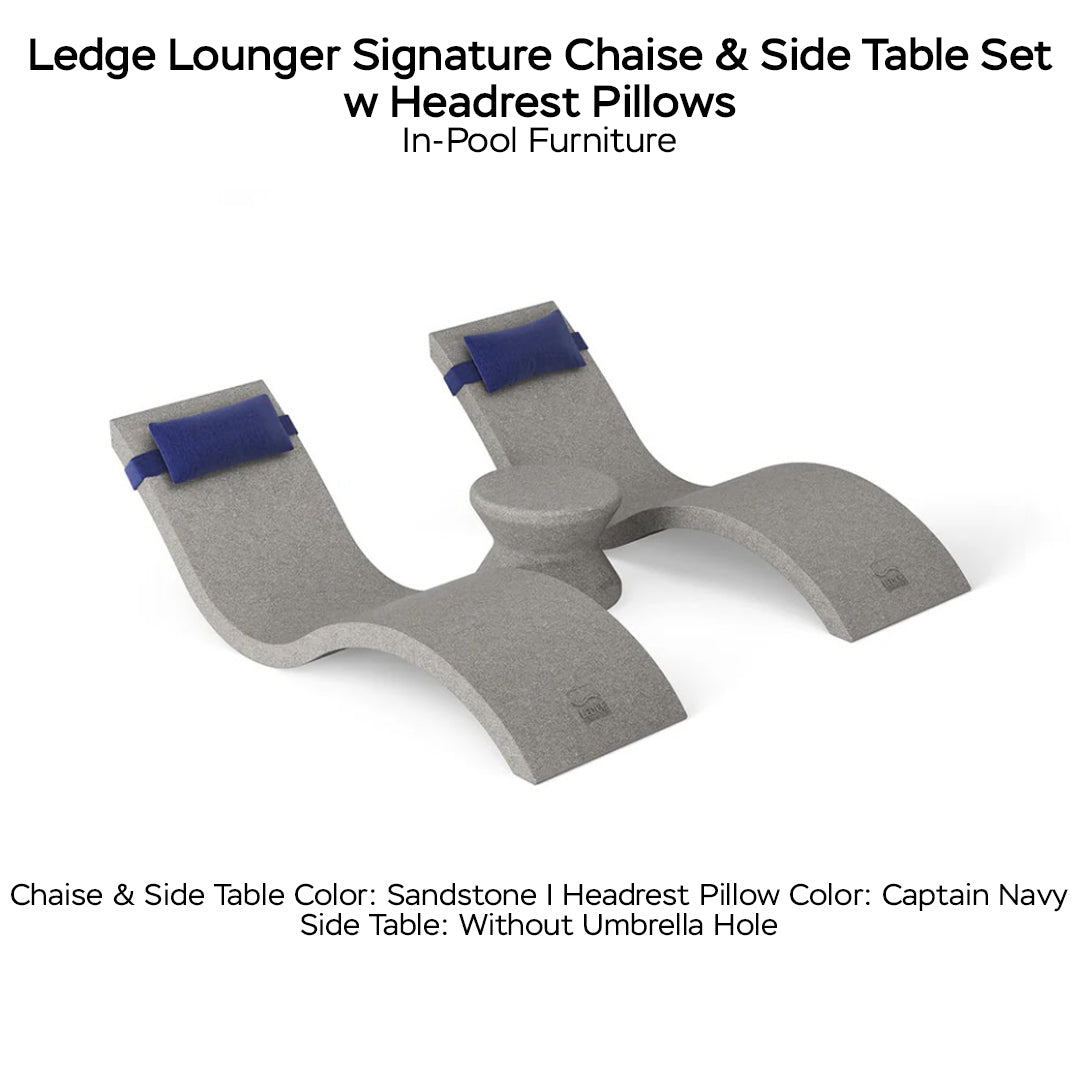 Ledge Lounger Signature Chaise & Side Table Set w Headrest Pillows Color Sandstone  -  Side Table Without Umbrella Hole - Headrest Pillow Color Captain Navy - In-Pool Furniture - Majestic 