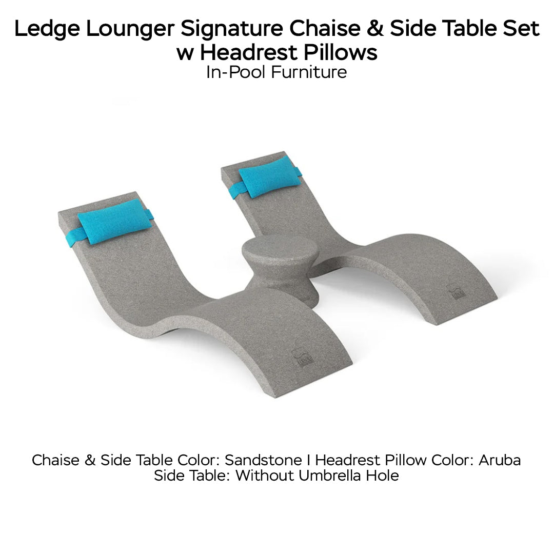 Ledge Lounger Signature Chaise & Side Table Set w Headrest Pillows Color Sandstone  -  Side Table Without Umbrella Hole - Headrest Pillow Color Aruba - In-Pool Furniture - Majestic 