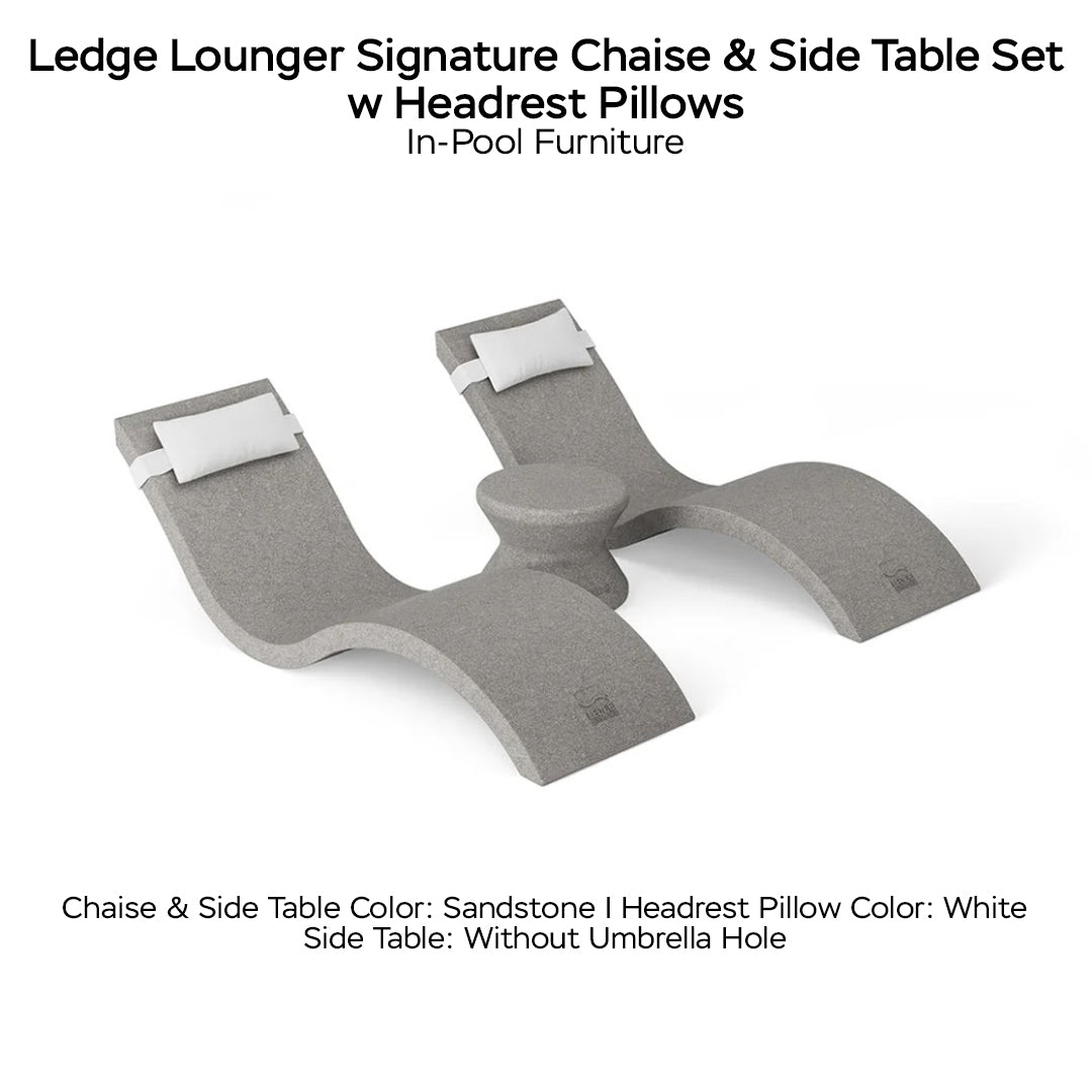 Ledge Lounger Signature Chaise & Side Table Set w Headrest Pillows Color Sandstone  -  Side Table Without Umbrella Hole - Headrest Pillow Color White - In-Pool Furniture - Majestic 
