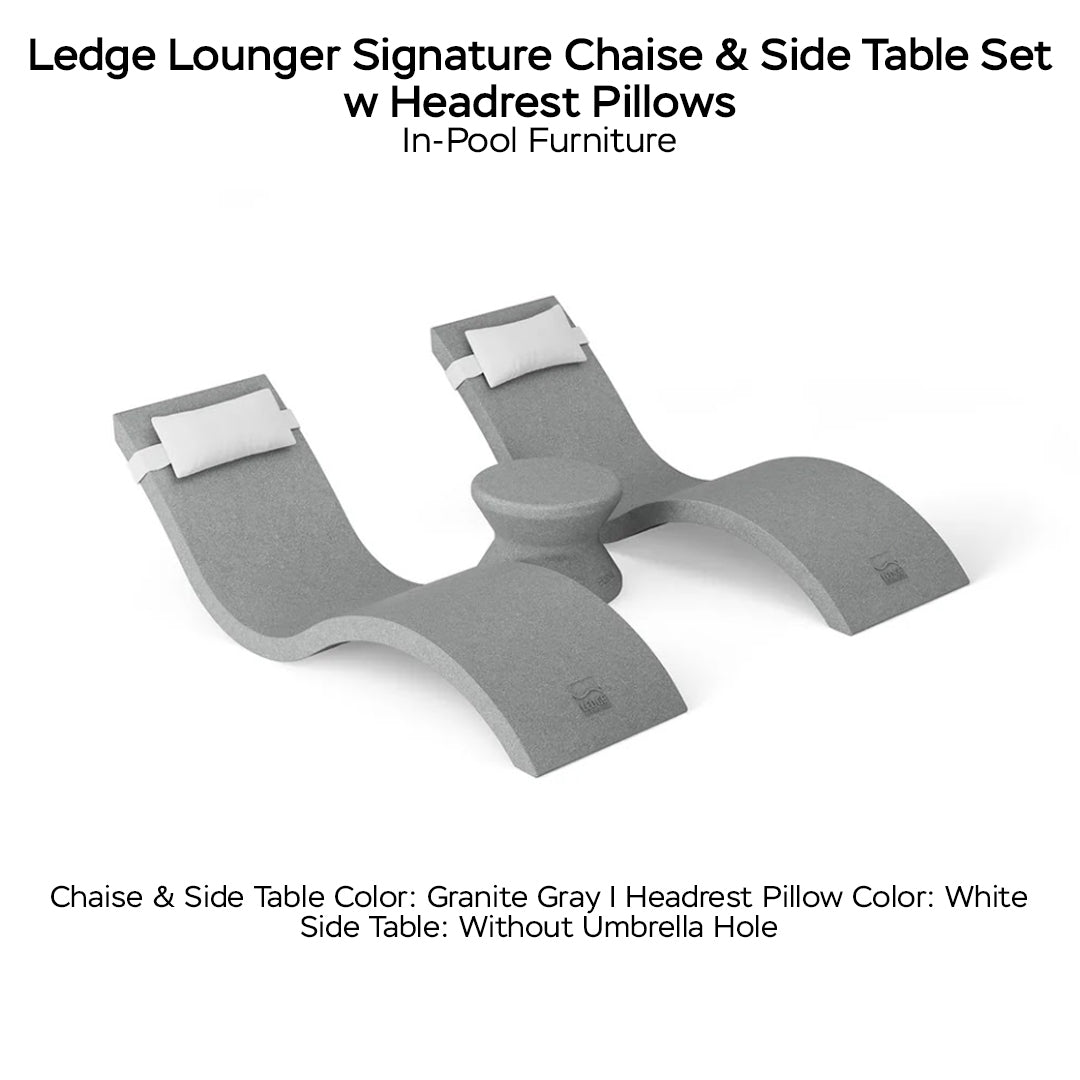 Ledge Lounger Signature Chaise & Side Table Set w Headrest Pillows Color Granite Gray -  Side Table Without Umbrella Hole - Headrest Pillow Color White - In-Pool Furniture - Majestic 