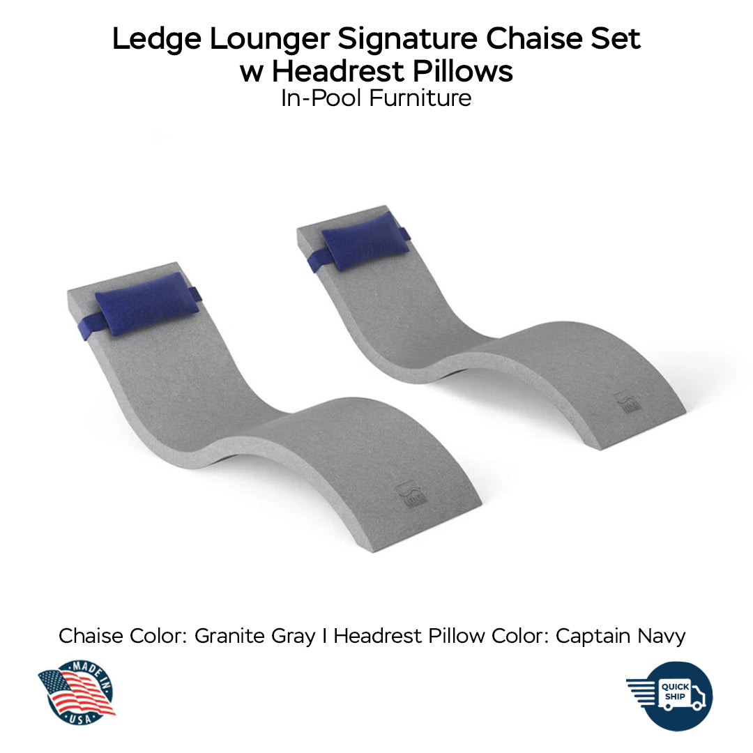 QUICKSHIP Ledge Lounger Signature Chaise Set w Headrest Pillows - Color Granite Gray - Pillow Captain Navy - In-Pool Furniture - Majestic Fountains