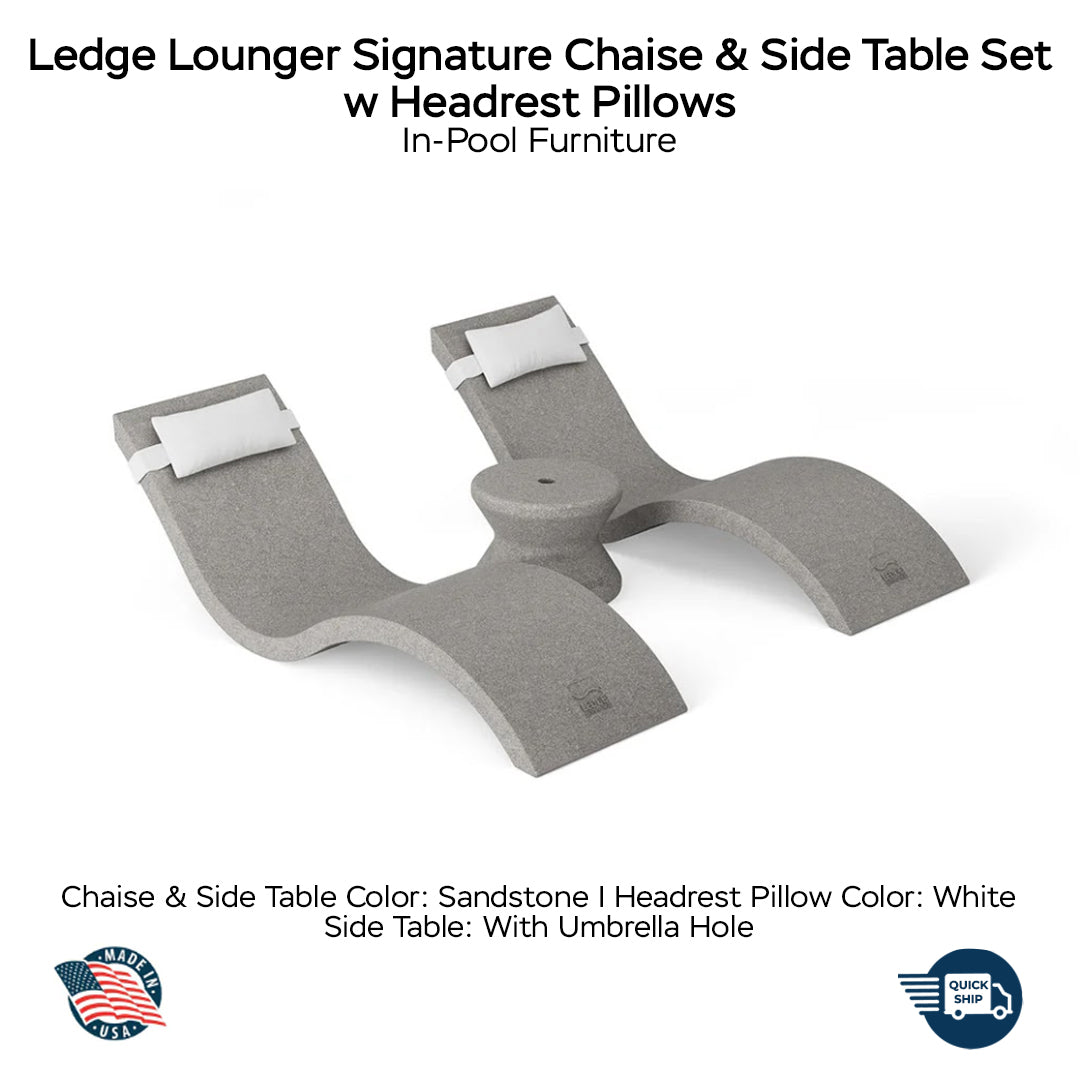 QUICKSHIP Ledge Lounger Signature Chaise & Side Table Set w Headrest Pillows Color Sandstone  -  Side Table With Umbrella Hole - Headrest Pillow Color White - In-Pool Furniture - Majestic Fountains